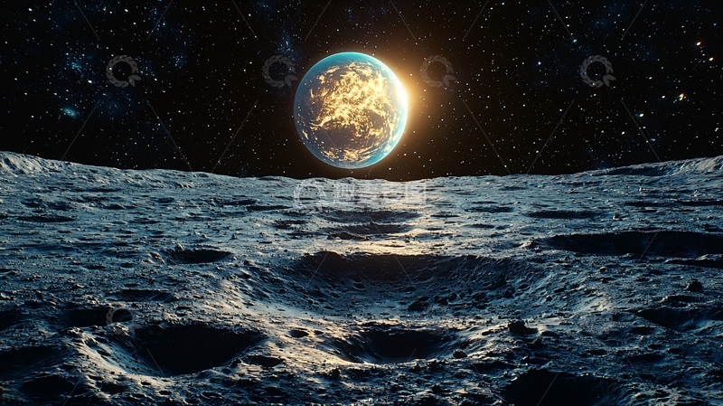 高清大图下载【趣麦麦图】月球表面日出地球