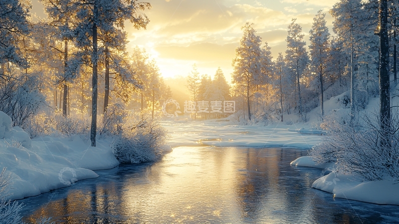 高清大图下载【趣麦麦图】冬日雪景河流日出