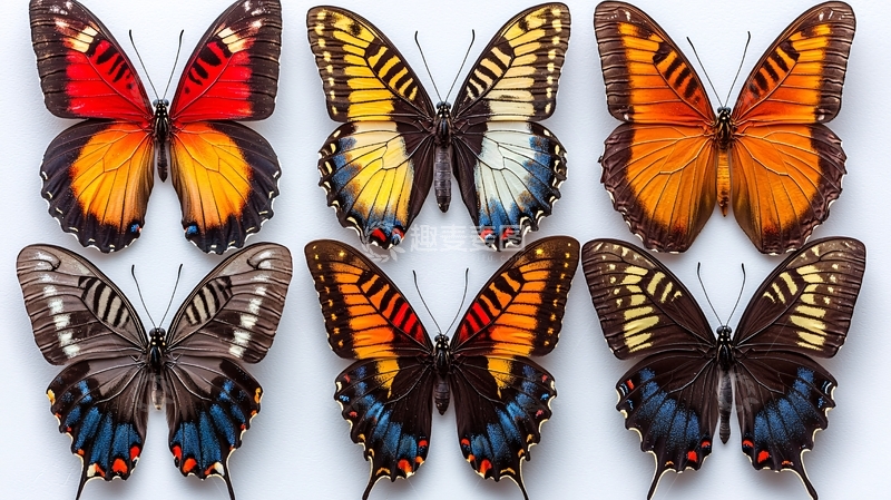 高清大图下载【趣麦麦图】六只色彩鲜艳的蝴蝶标本