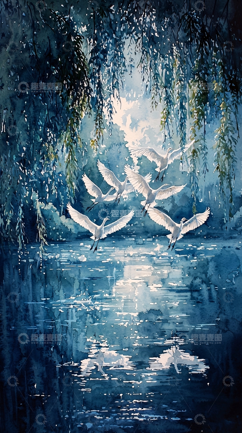 高清大图下载【趣麦麦图】水面飞舞的白天鹅
