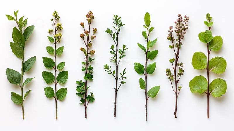 高清大图下载【趣麦麦图】白色背景下排列的绿色植物枝条