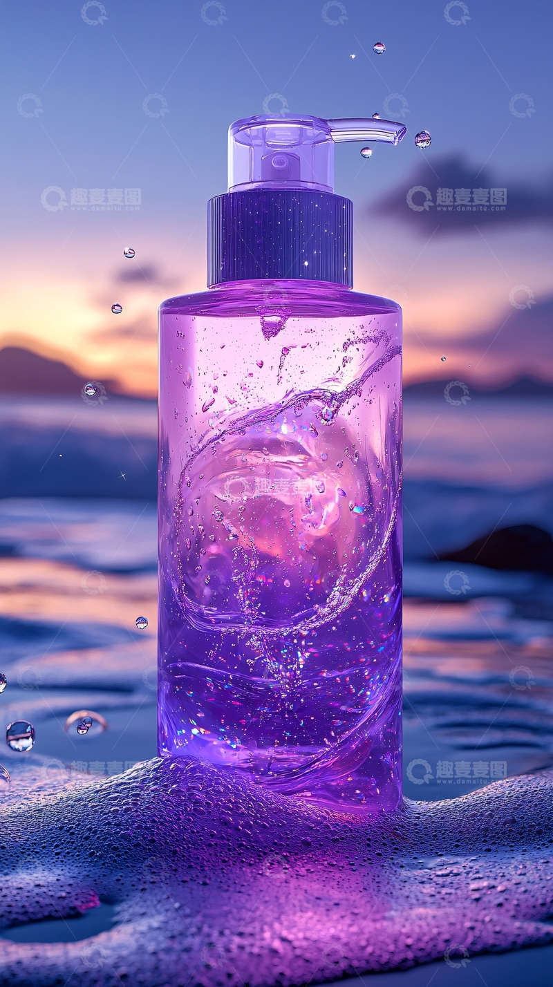 高清大图下载【趣麦麦图】紫色透明洗液瓶置于海边