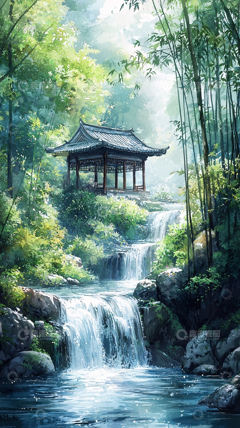 高清大图下载【趣麦麦图】山间亭台瀑布森林水墨风