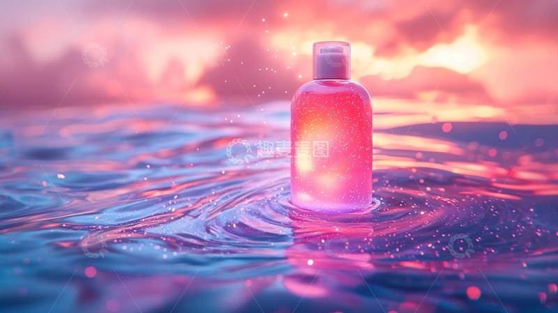 高清大图下载【趣麦麦图】粉色液体瓶漂浮水面