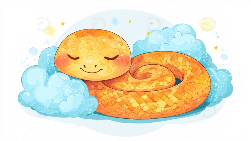 卡通蛇在云朵上睡觉
