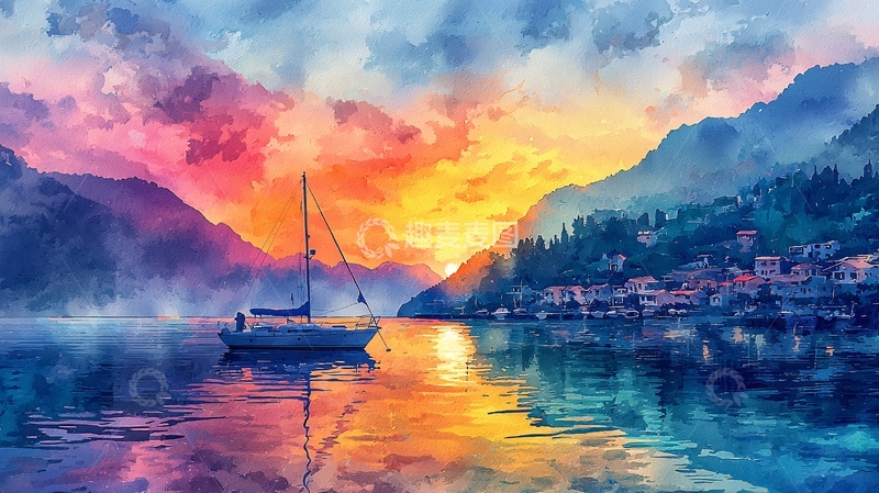 高清大图下载【趣麦麦图】湖边日落帆船