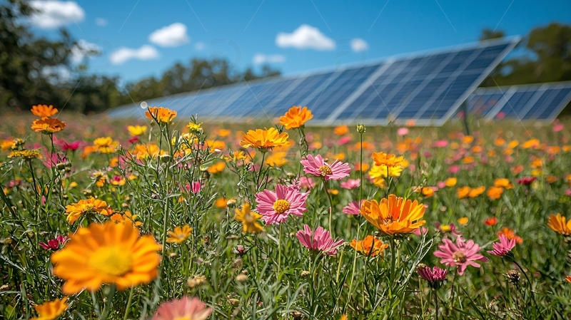 高清大图下载【趣麦麦图】太阳能电池板前的鲜花