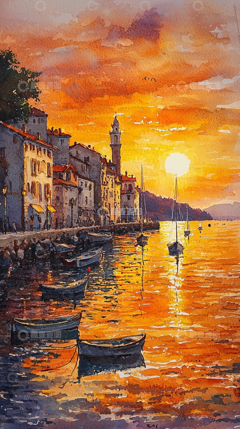 高清大图下载【趣麦麦图】海边小镇日落美景