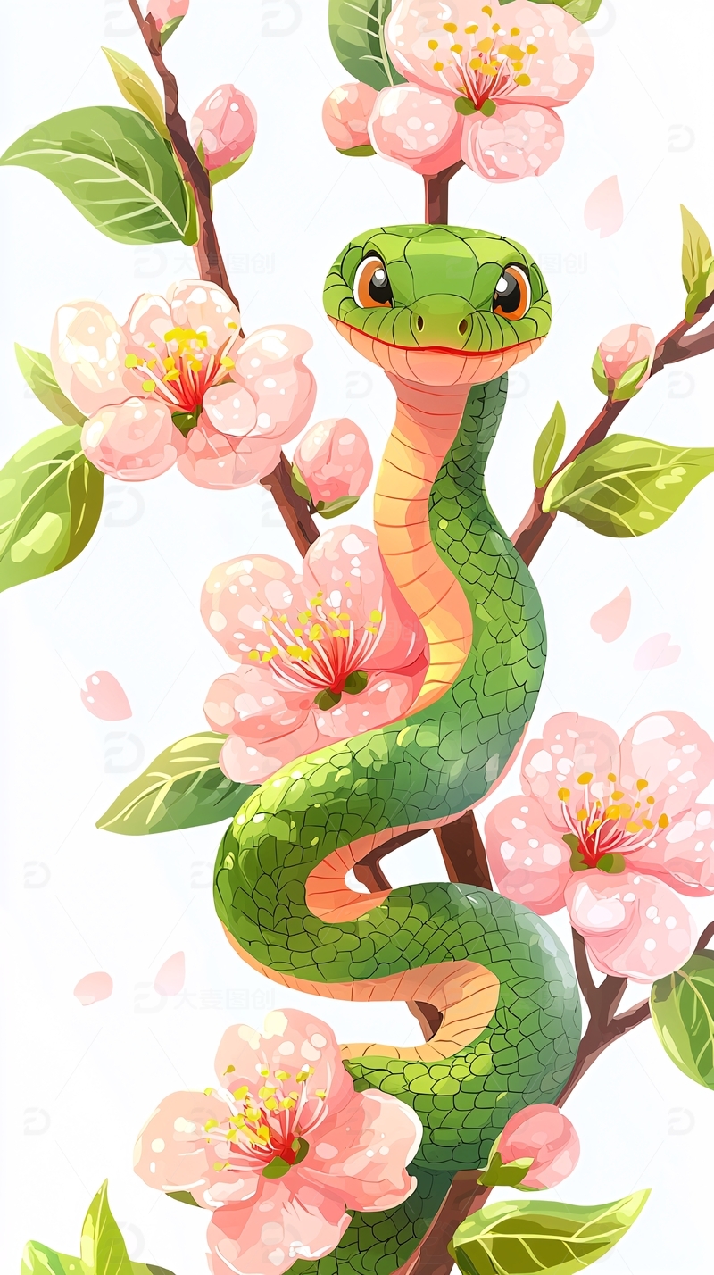 绿蛇与粉色桃花