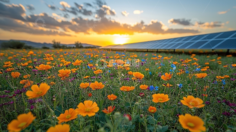 高清大图下载【趣麦麦图】日落下的太阳能板与野花田
