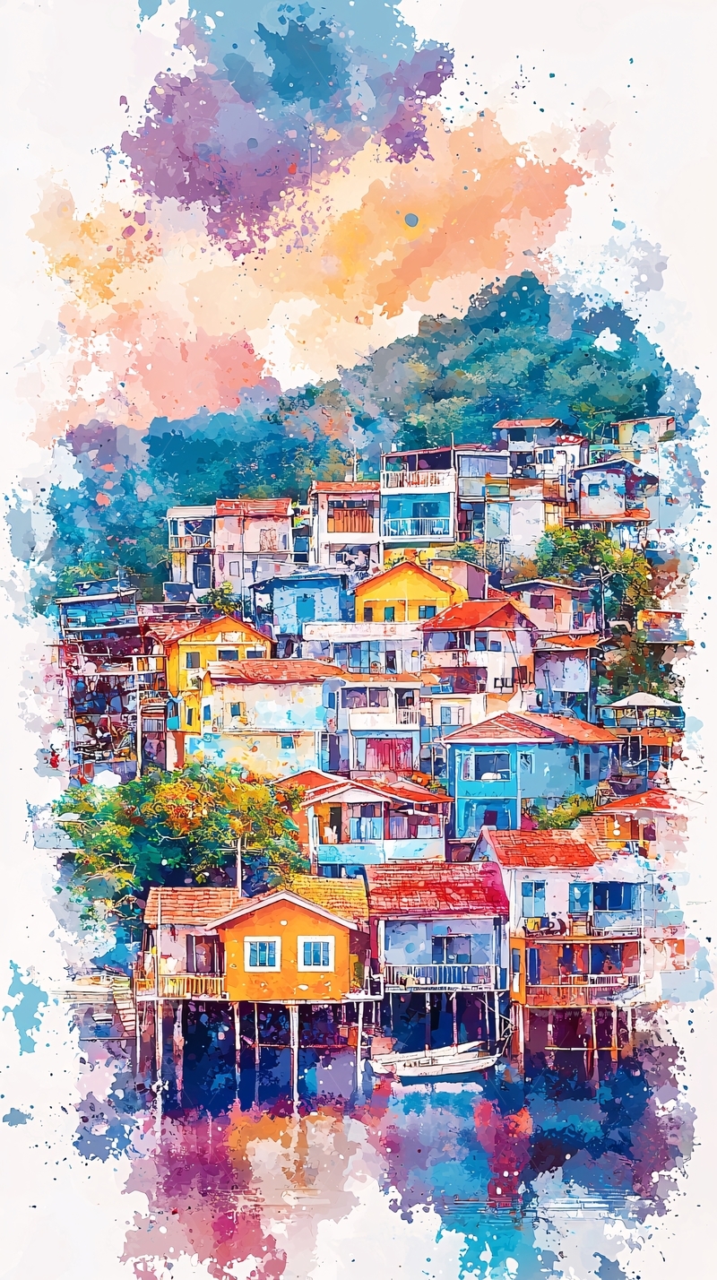 高清大图下载【趣麦麦图】水彩风格的房屋建筑群