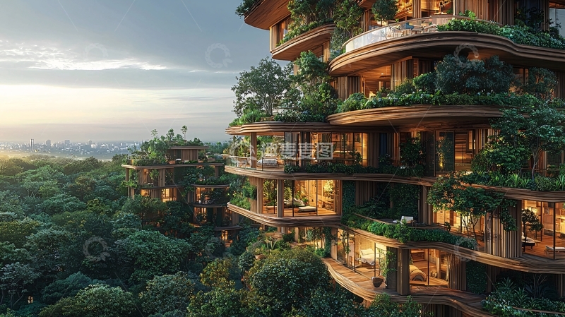高清大图下载【趣麦麦图】森林环绕的木质高层建筑