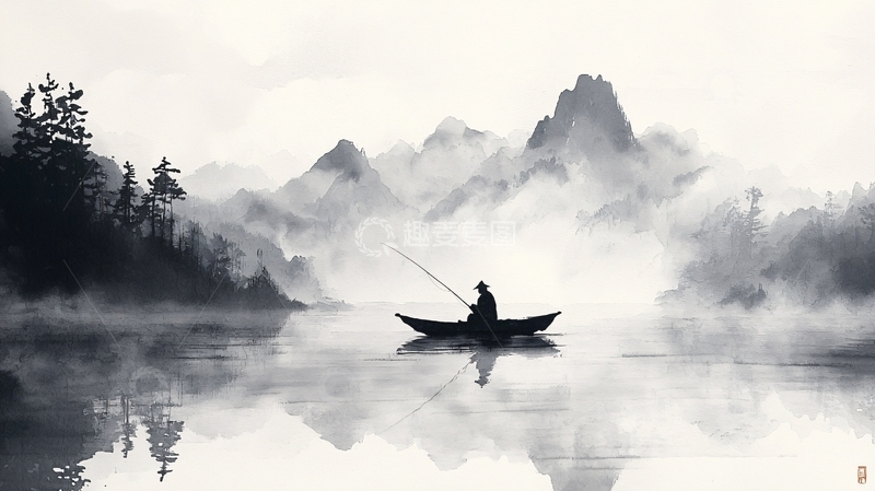 高清大图下载【趣麦麦图】湖上垂钓的黑白水墨画