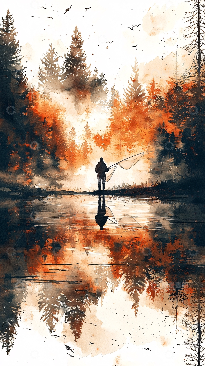 高清大图下载【趣麦麦图】湖边垂钓的剪影