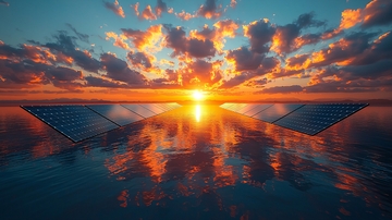 日落余晖下的太阳能电池板