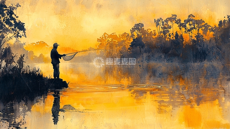 高清大图下载【趣麦麦图】日落垂钓风景画