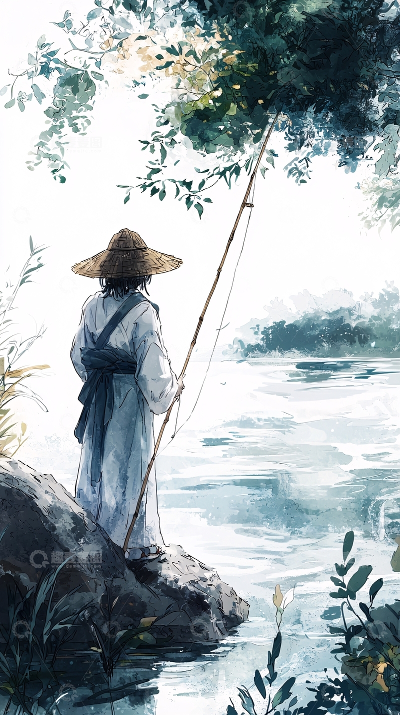 高清大图下载【趣麦麦图】水墨风渔翁垂钓图