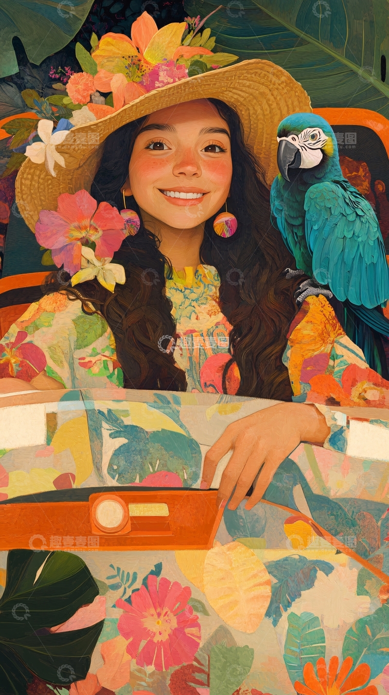 高清大图下载【趣麦麦图】花帽女孩与鹦鹉