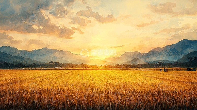 高清大图下载【趣麦麦图】金色田野日落美景