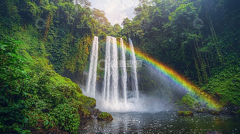 高清大图下载【趣麦麦图】热带雨林瀑布彩虹