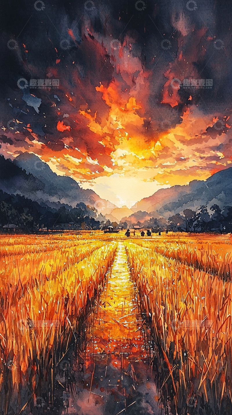 高清大图下载【趣麦麦图】金色稻田落日余晖