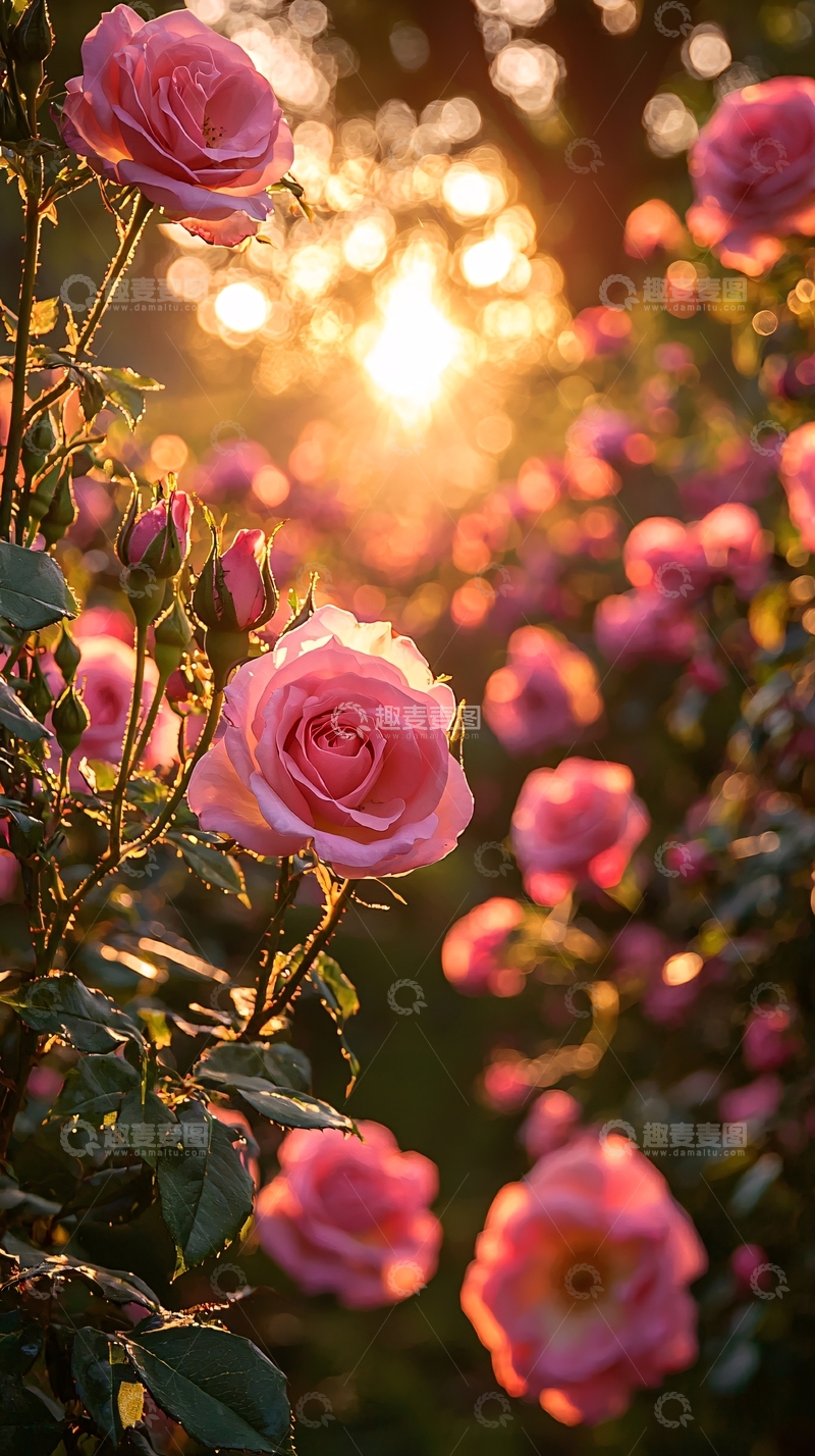 高清大图下载【趣麦麦图】夕阳下盛开的粉色玫瑰花田