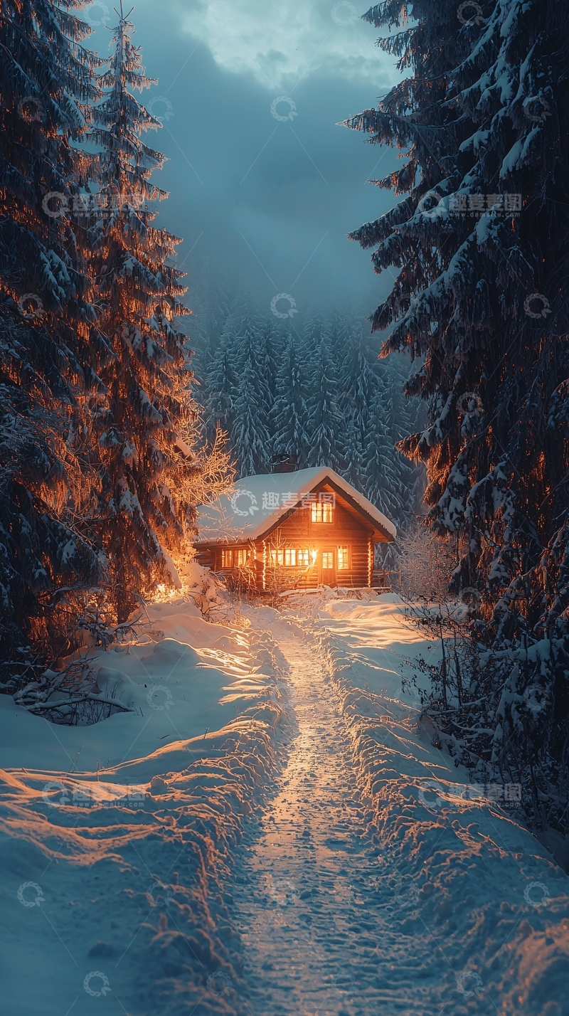 高清大图下载【趣麦麦图】雪夜林间小屋
