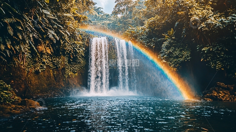 高清大图下载【趣麦麦图】热带雨林瀑布彩虹