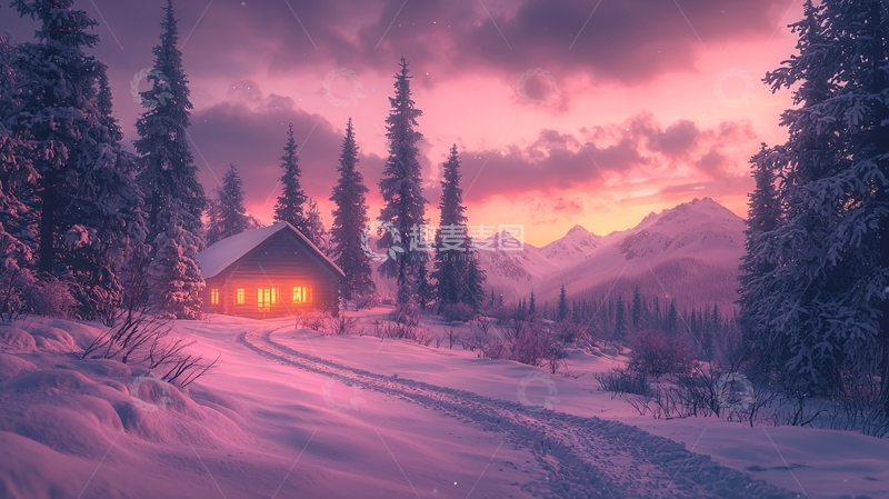 高清大图下载【趣麦麦图】雪山日落下的木屋