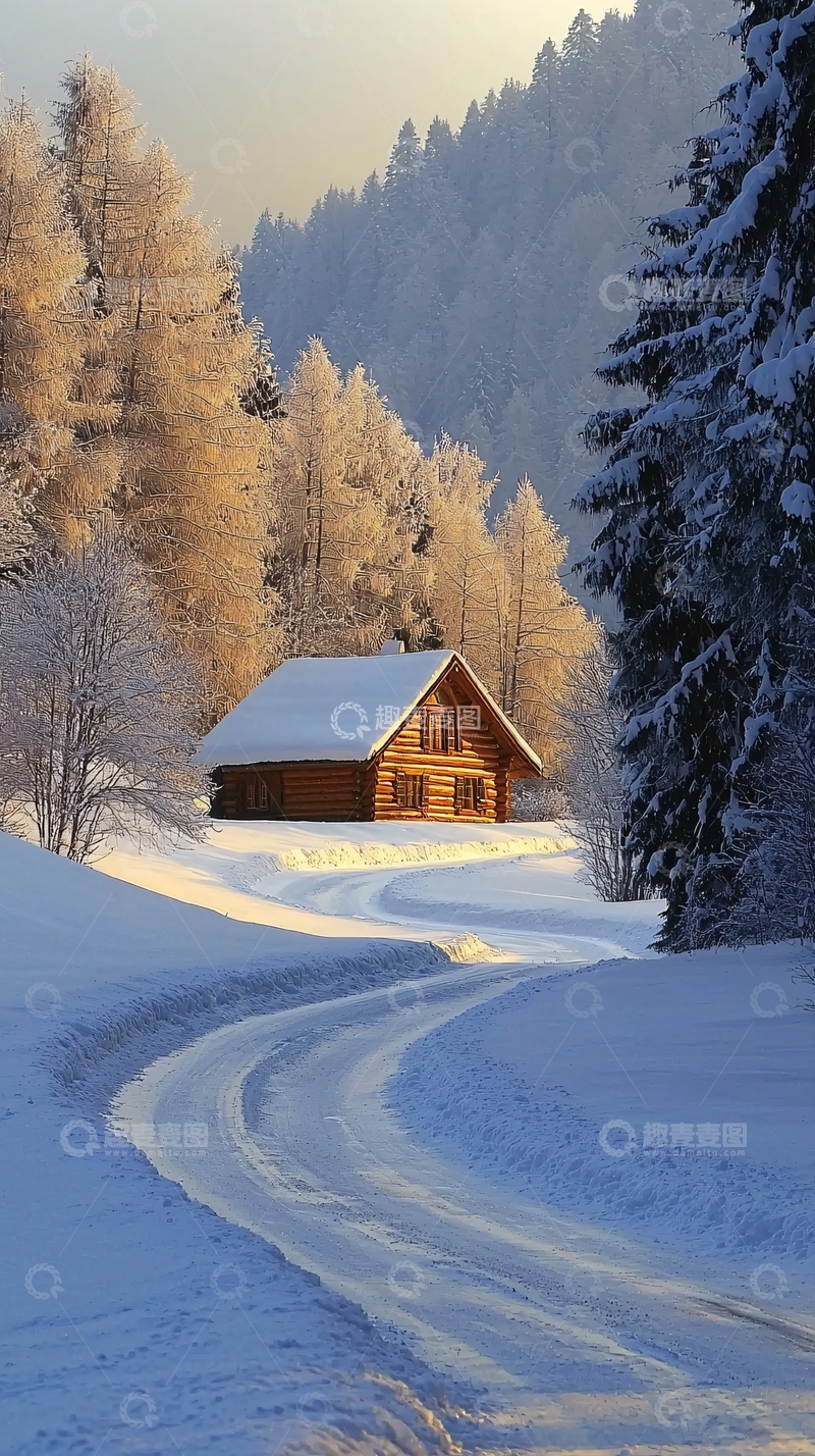 高清大图下载【趣麦麦图】雪山木屋