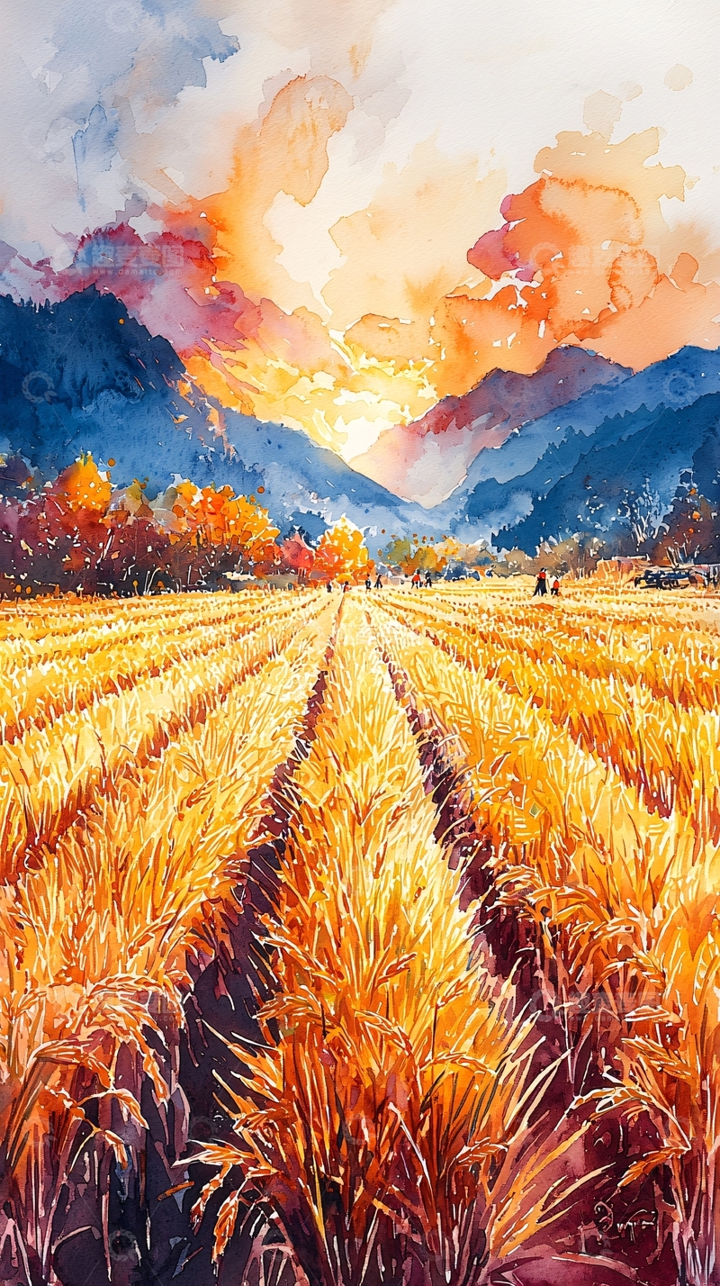 高清大图下载【趣麦麦图】秋日田园水彩画