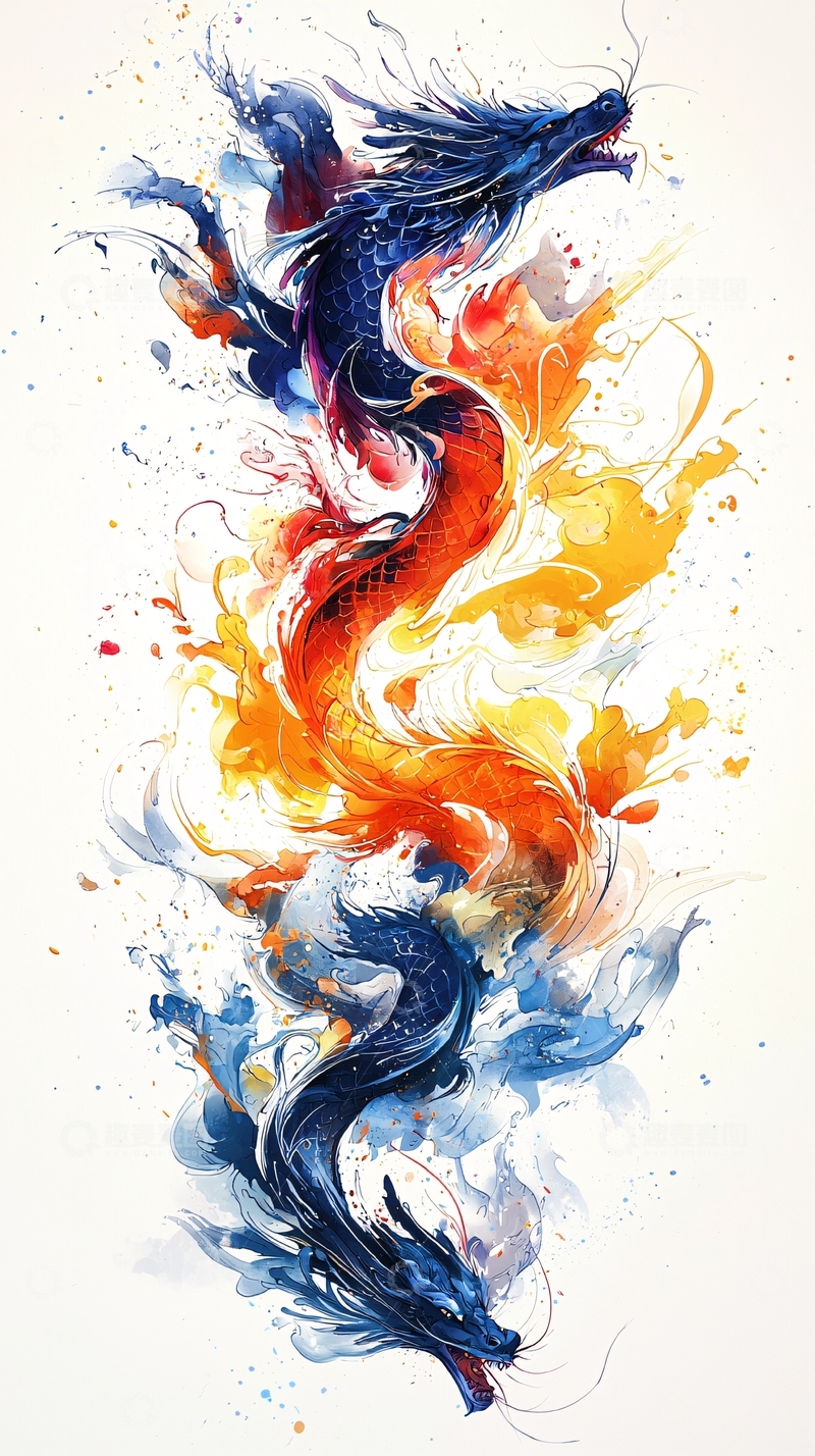 高清大图下载【趣麦麦图】水墨风格双龙盘绕图