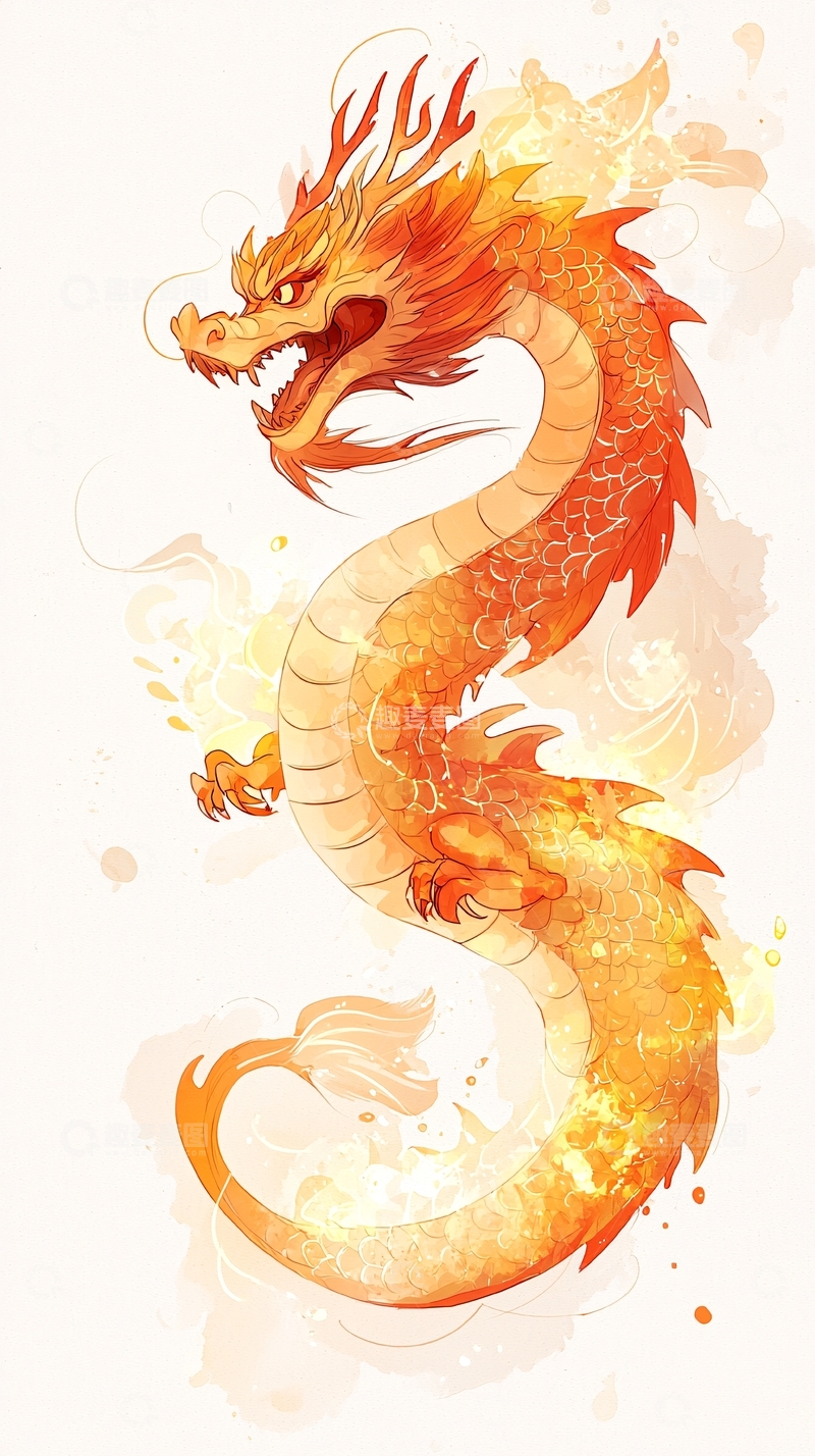 高清大图下载【趣麦麦图】橙色水彩龙