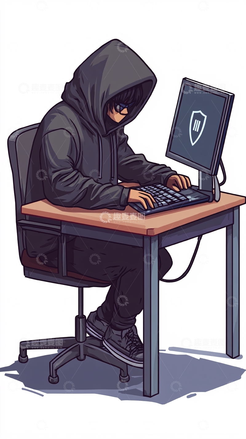 高清大图下载【趣麦麦图】戴帽衫黑客电脑桌前工作