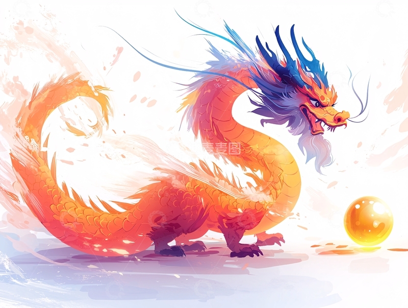 高清大图下载【趣麦麦图】橙色水墨龙与光球