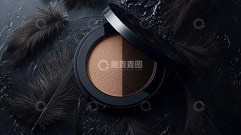 高清大图下载【趣麦麦图】化妆粉饼和黑色羽毛特写