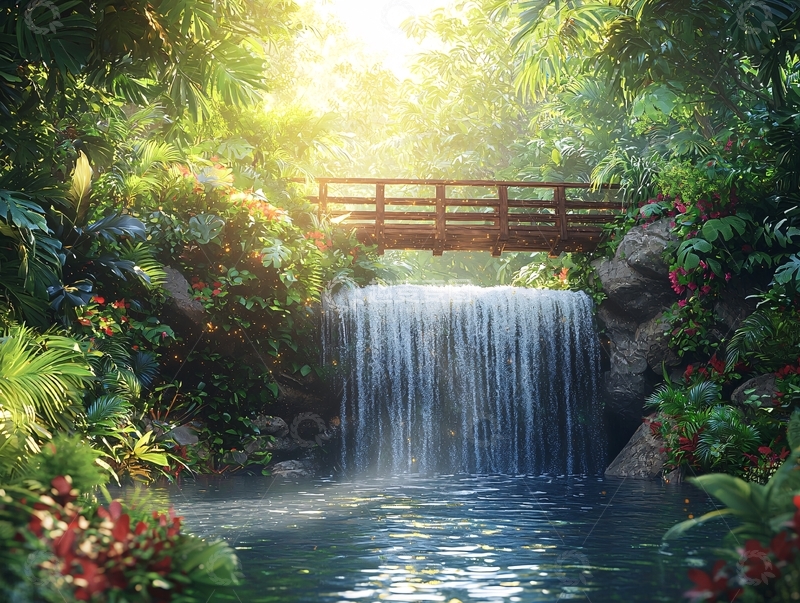 高清大图下载【趣麦麦图】热带雨林瀑布小桥