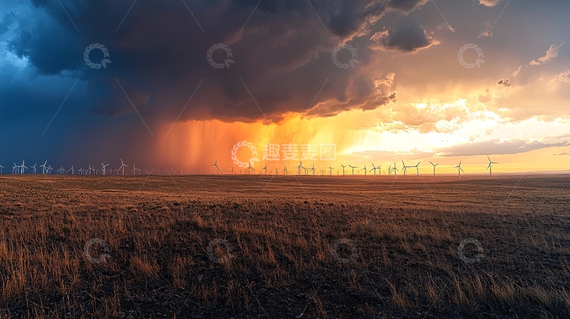 高清大图下载【趣麦麦图】暴雨黄昏下的风力发电场