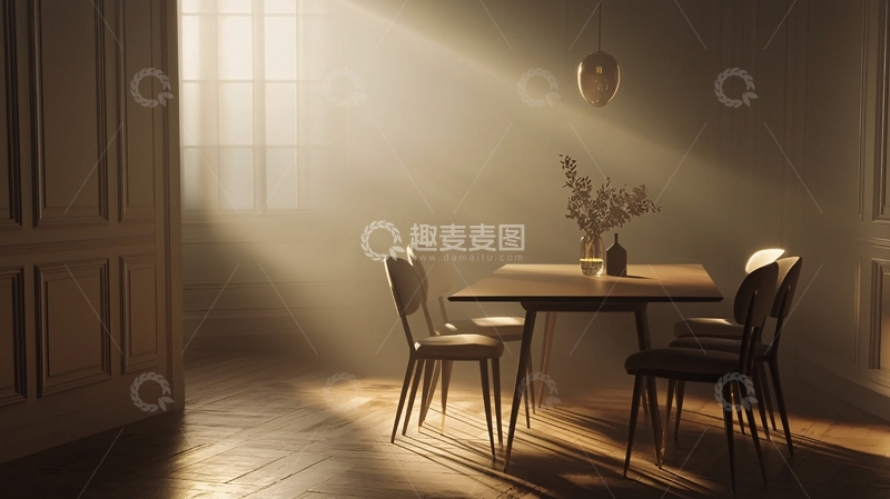 高清大图下载【趣麦麦图】阳光洒进房间的木质餐桌