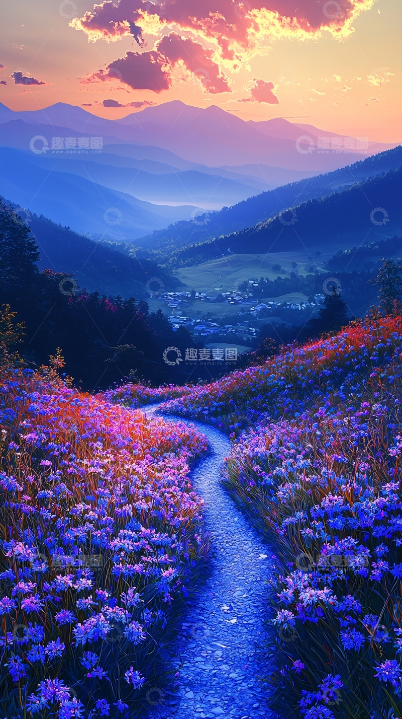 高清大图下载【趣麦麦图】紫色花海山谷小路