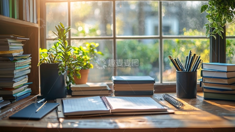 高清大图下载【趣麦麦图】阳光洒进窗台的书桌