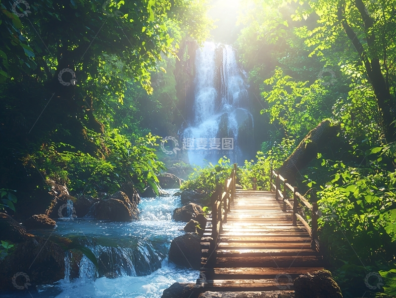 高清大图下载【趣麦麦图】阳光森林瀑布小桥流水