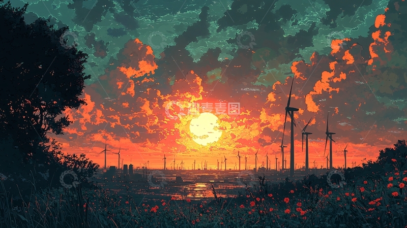 高清大图下载【趣麦麦图】日落风力发电机田园风光