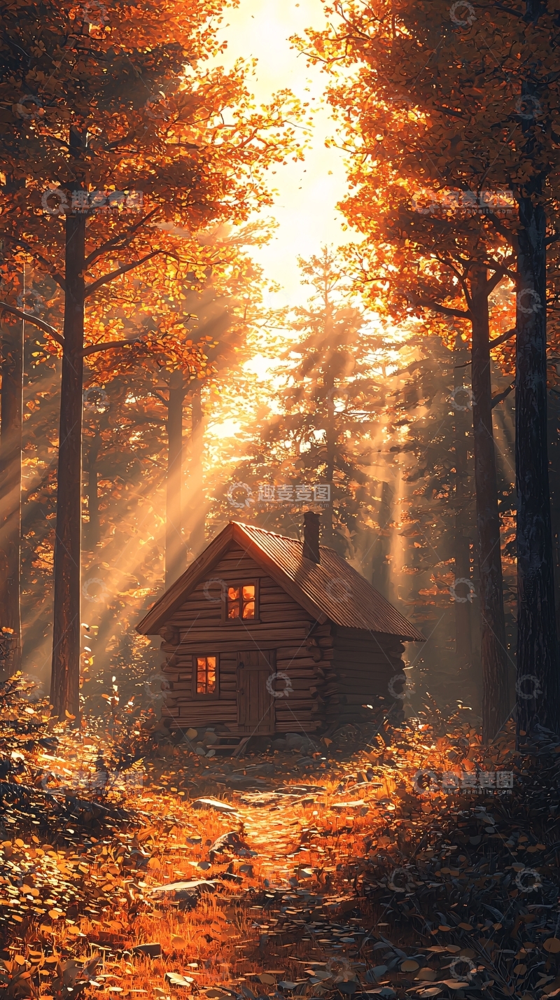 高清大图下载【趣麦麦图】秋日森林木屋