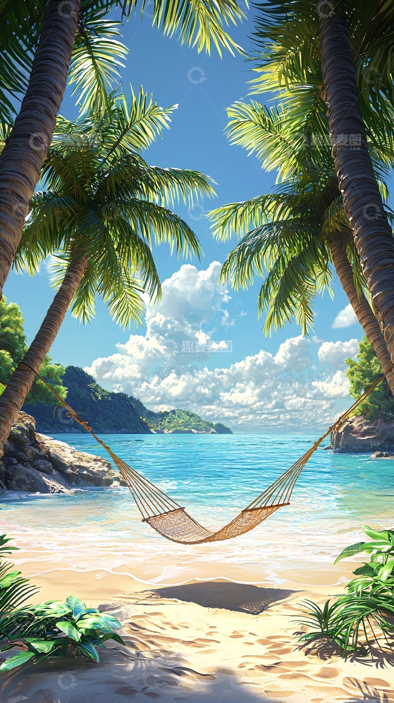 高清大图下载【趣麦麦图】热带海滩吊床风景