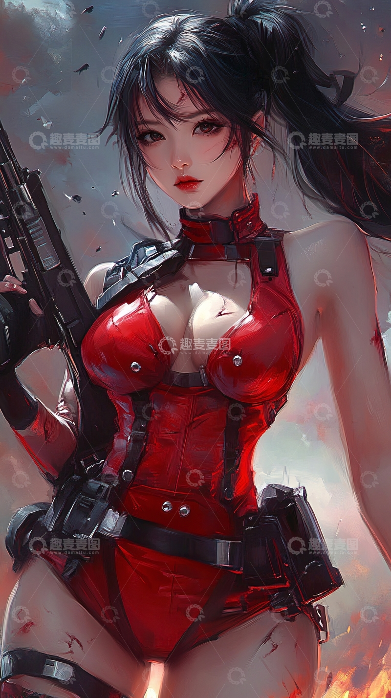 高清大图下载【趣麦麦图】红衣女战士持枪