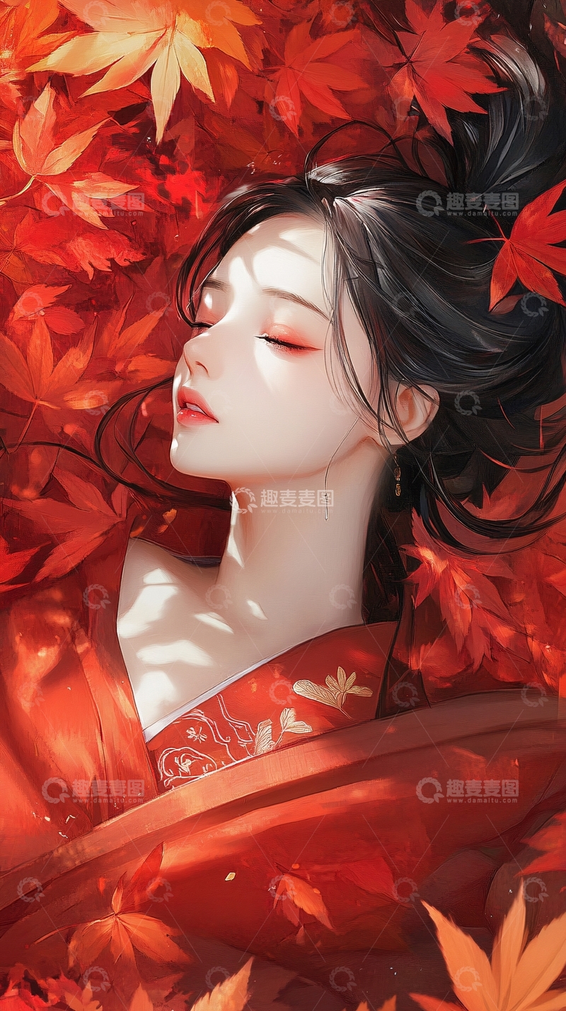 高清大图下载【趣麦麦图】红衣女子枫叶中沉睡