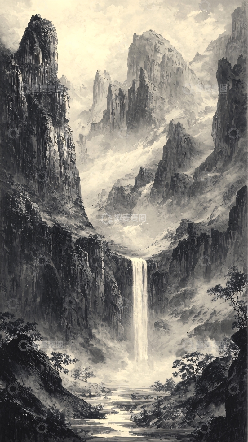 高清大图下载【趣麦麦图】壮丽山水瀑布水墨画