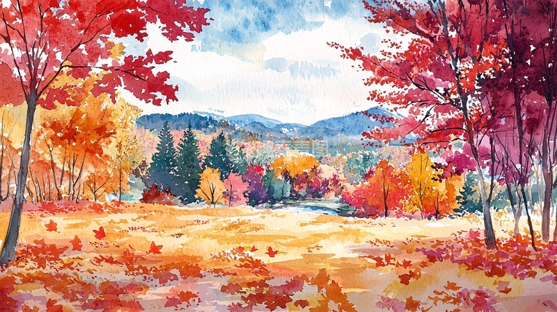 高清大图下载【趣麦麦图】秋日水彩风景画