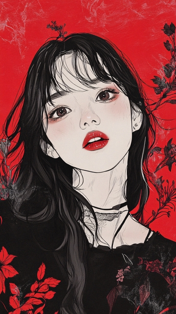 红衣黑发女生插画